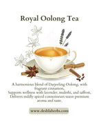 Advertisement for Royal Oolong Tea with a cup of tea, cinnamon sticks, and lavender on a white background.