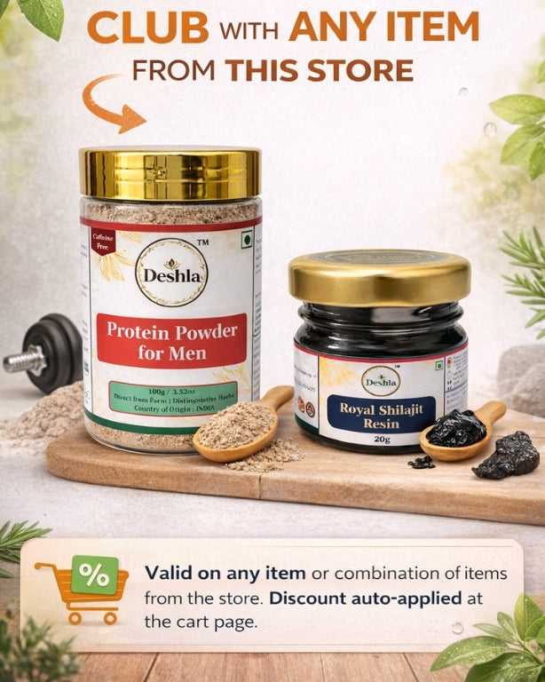 Two jars of Deshla protein powder and shilajit resin on a wooden board with promotional text.