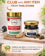 Two jars of Deshla protein powder and shilajit resin on a wooden board with promotional text.