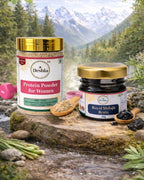 Two jars of Deshila products, Protein Powder for Women and Royal Shilajit Resin, with a natural background.