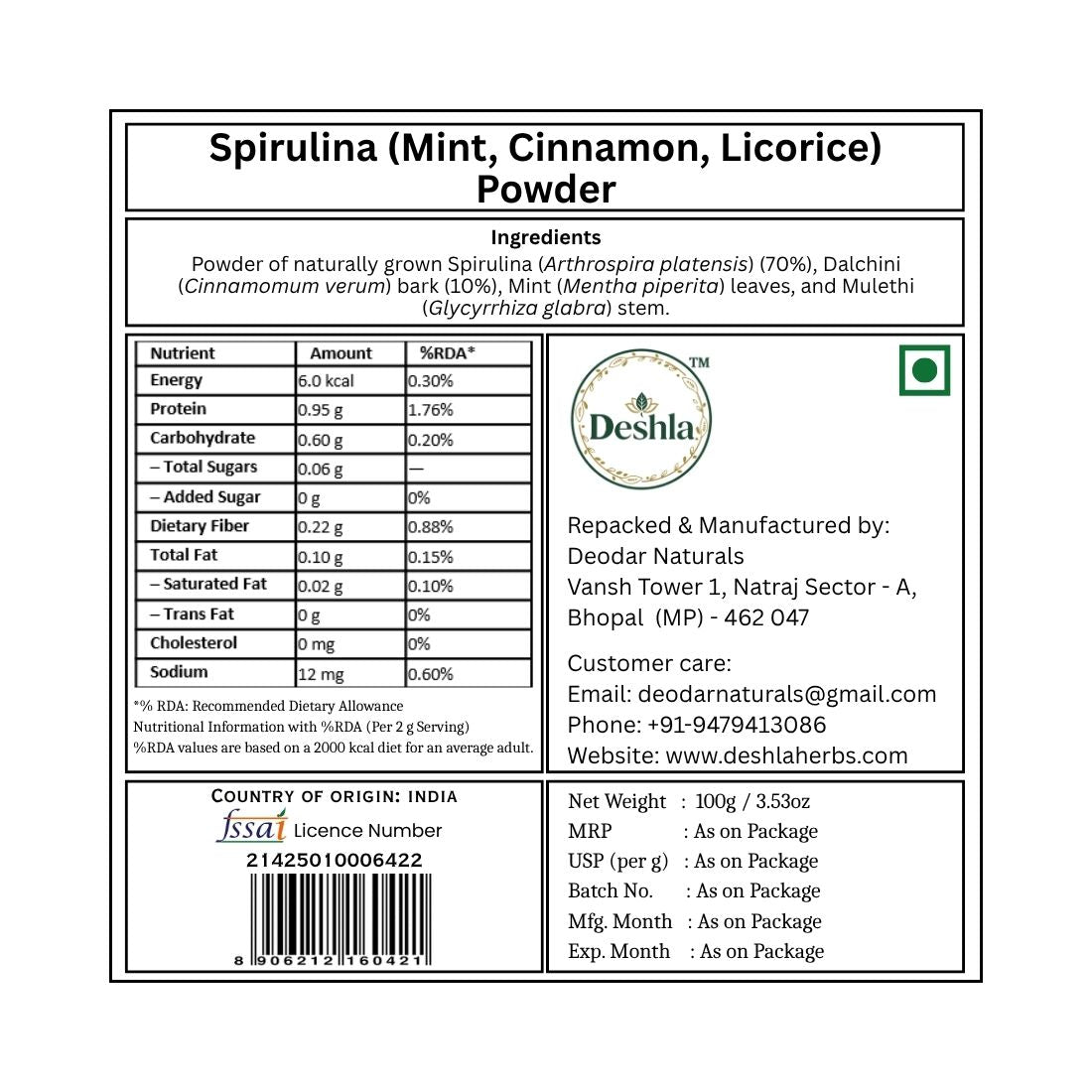 Label of Spirulina (Mint, Cinnamon, Licorice) Powder with Deshla branding