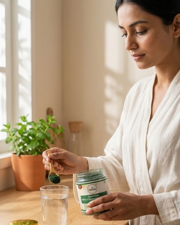 Woman in a white robe adding a green substance from a jar into a glass on a wooden table.