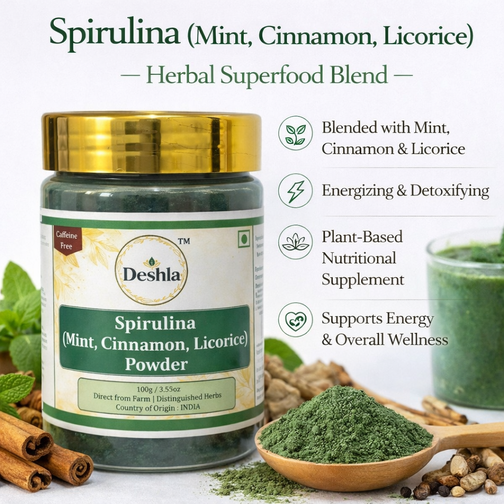 Spirulina powder with mint, cinnamon, and mulethi, green herbal superfood for energy and detox 