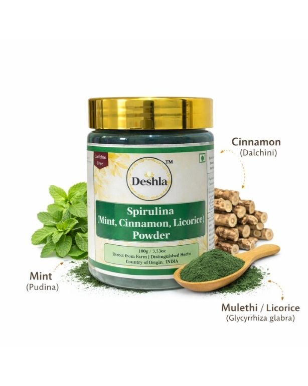 Deshla Spirulina Mint Cinnamon Licorice Powder jar with ingredients on a white background