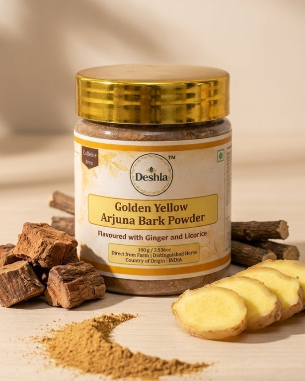 Jar of Deshla Golden Yellow Arjuna Bark Powder with ingredients on a beige background
