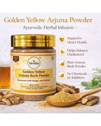 Jar of Golden Yellow Arjuna Powder with packaging details on a white background