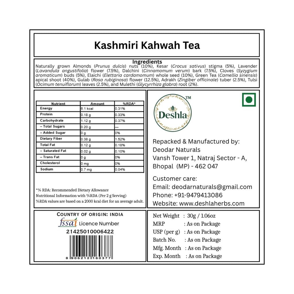 Label for Kashmiri Kahwah Tea with ingredients, nutritional information, and branding details.