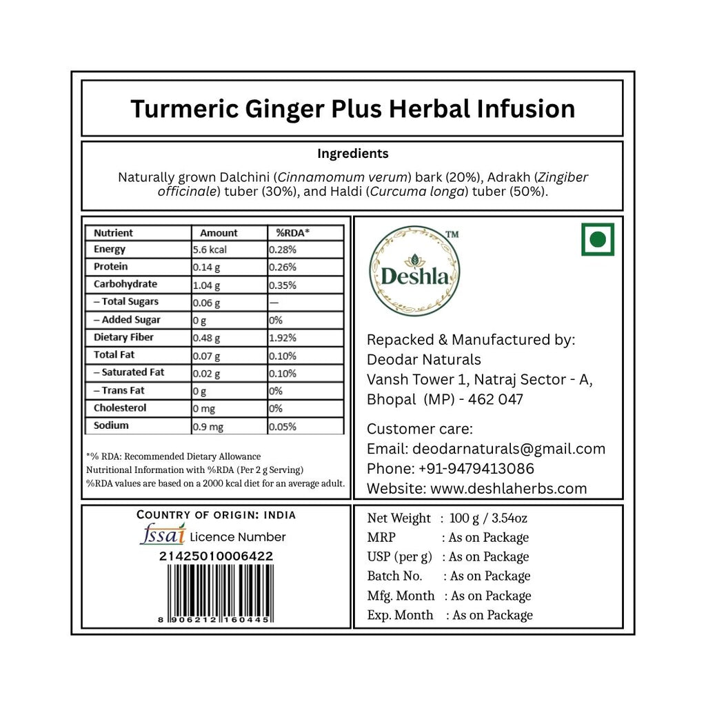 Label of Turmeric Ginger Plus Herbal Infusion with Deshla branding