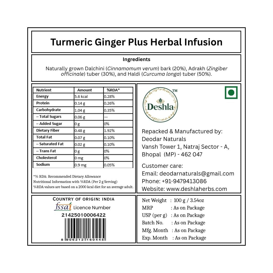 Label of Turmeric Ginger Plus Herbal Infusion with Deshla branding