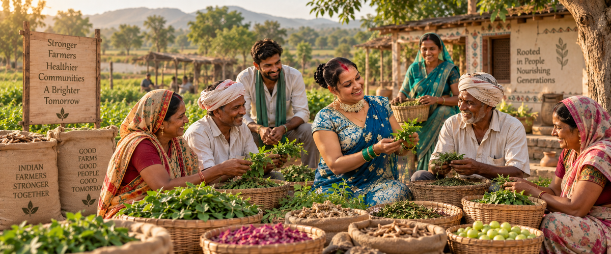 A group of people sitting and standing outdoors in a rural farm setting, handling fresh green vegetables and standing in woven baskets of produce. Wooden signs are visible in the background, along with a building and trees.